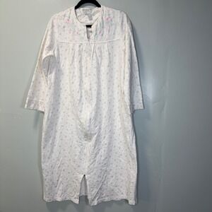 Miss Elaine Classics White Pink Floral Cotton Zip Front Robe Housecoat Medium‎